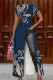 Deep Blue Fashion Casual Print Patchwork Slit O Neck Short Sleeve Dress