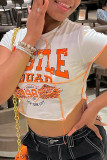 White Fashion Casual Letter Print Patchwork O Neck T-Shirts