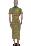 Colour Casual Print Patchwork Slit V Neck One Step Skirt Dresses