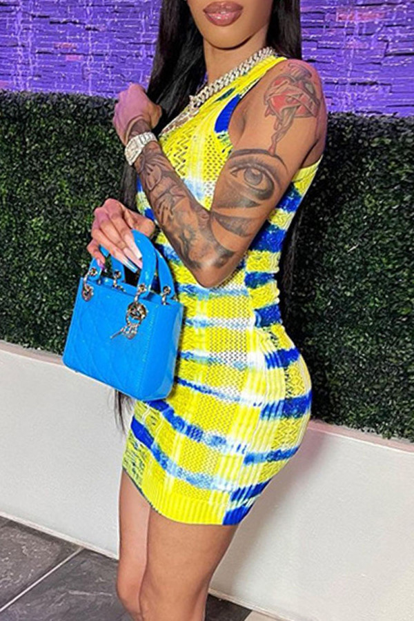 Yellow Sexy Print Patchwork O Neck Pencil Skirt Dresses