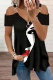 Red Casual Print Patchwork Spaghetti Strap T-Shirts