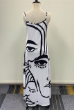 White Sexy Casual Print Backless V Neck Sling Dress
