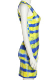 Yellow Sexy Print Patchwork O Neck Pencil Skirt Dresses