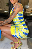 Yellow Sexy Print Patchwork O Neck Pencil Skirt Dresses