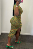 Colour Casual Print Patchwork Slit V Neck One Step Skirt Dresses