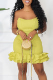 Yellow Sexy Solid Patchwork Asymmetrical Stringy Selvedge Strapless Sleeveless Two Pieces