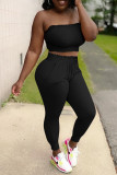 Black Sexy Casual Solid Backless Strapless Two Pieces