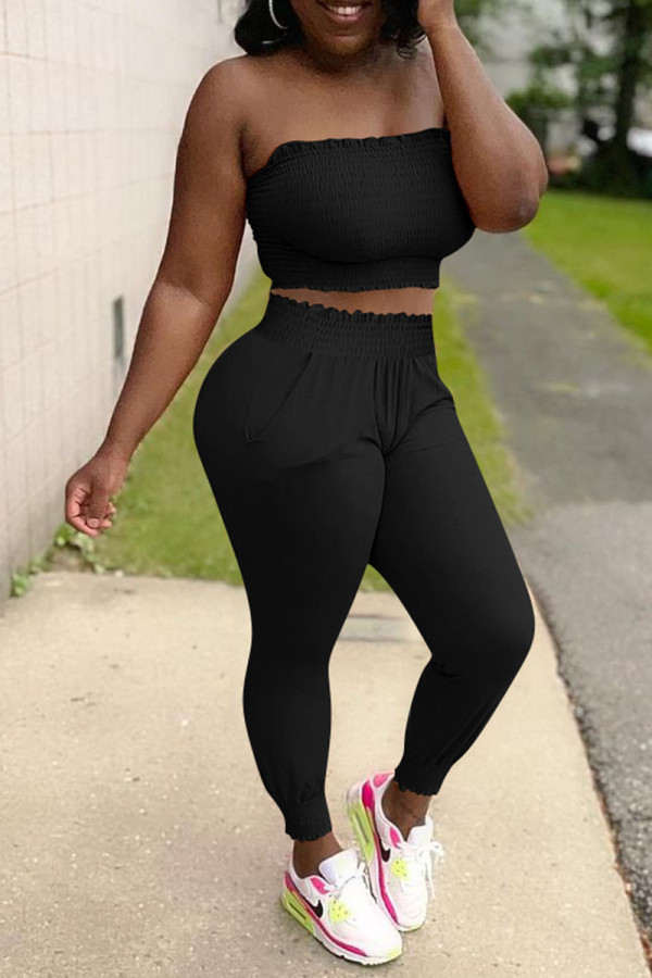 Black Sexy Casual Solid Backless Strapless Two Pieces