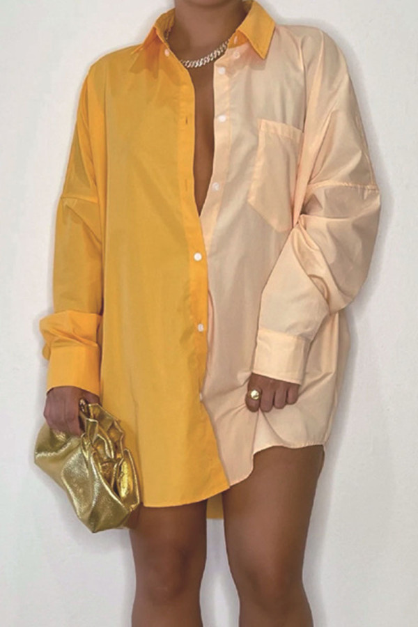 Yellow Casual Solid Patchwork Buckle Turndown Collar Tops