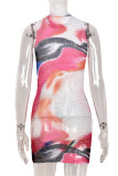 Multicolor Fashion Sexy Print See-through O Neck Sleeveless Dress