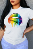 Red Fashion Casual Lips Printed Patchwork O Neck T-Shirts