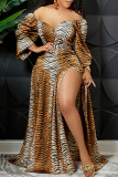 Tiger Pattern Fashion Sexy Print Slit Off the Shoulder Long Sleeve Dresses