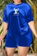 Blue Fashion Casual Print Letter O Neck Short Sleeve Two Pieces
