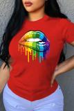 Red Fashion Casual Lips Printed Patchwork O Neck T-Shirts