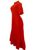 Red Casual Solid Patchwork Buckle Flounce Asymmetrical Half A Turtleneck Irregular Dress Dresses
