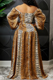 Tiger Pattern Fashion Sexy Print Slit Off the Shoulder Long Sleeve Dresses