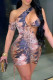 Grey Fashion Sexy Print Hollowed Out Backless One Shoulder Skinny Romper