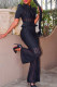 Black Sexy Solid Patchwork Buckle See-through Turndown Collar Short Sleeve Two Pieces