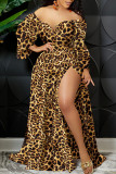 Tiger Pattern Fashion Sexy Print Slit Off the Shoulder Long Sleeve Dresses