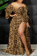 Leopard Print Fashion Sexy Print Slit Off the Shoulder Long Sleeve Dresses