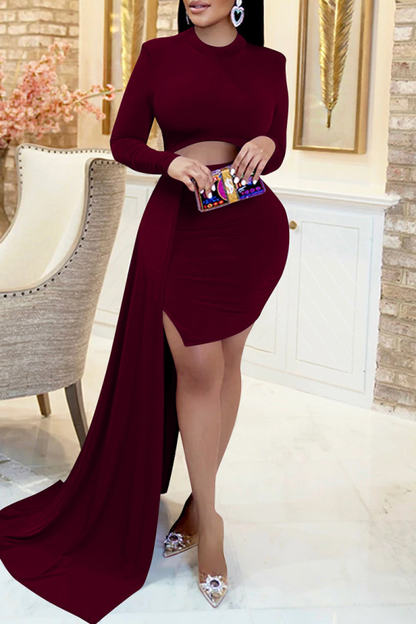 Burgundy Fashion Sexy Solid Hollowed Out Patchwork O Neck Long Sleeve Dresses