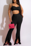 Blue Sexy Solid Patchwork Slit Spaghetti Strap Sleeveless Two Pieces
