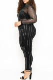 Black Fashion Sexy Patchwork Hot Drilling See-through O Neck Skinny Jumpsuits