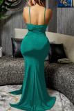 Blue Fashion Sexy Solid Patchwork Backless Slit Spaghetti Strap Long Dress