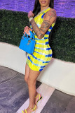 Yellow Sexy Print Patchwork O Neck Pencil Skirt Dresses
