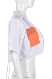 White Fashion Casual Solid Patchwork Turndown Collar Tops