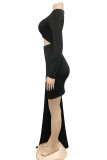 Red Fashion Sexy Solid Hollowed Out Patchwork O Neck Long Sleeve Dresses