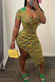 Colour Casual Print Patchwork Slit V Neck One Step Skirt Dresses