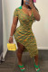Colour Casual Print Patchwork Slit V Neck One Step Skirt Dresses