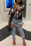 Apricot Casual Street Print Patchwork Buckle Turndown Collar Tops