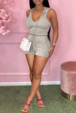 Grey Casual Solid Patchwork Hooded Collar Sleeveless Two Pieces