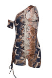 Grey Fashion Sexy Print Hollowed Out Backless One Shoulder Skinny Romper