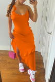 Tangerine Red Sexy Solid Flounce Spaghetti Strap Irregular Dress Dresses