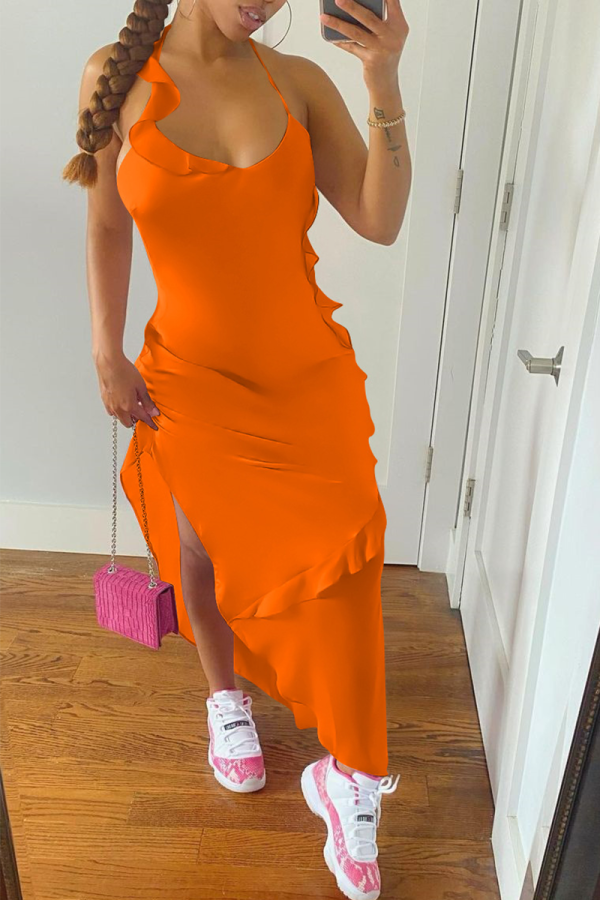 Tangerine Red Sexy Solid Flounce Spaghetti Strap Irregular Dress Dresses