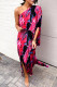 Rose Red Fashion Casual Print Patchwork Slit Oblique Collar Irregular Dress