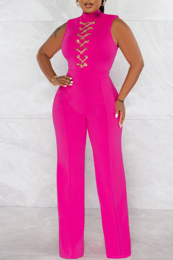 Rose Red Casual Solid Bandage Patchwork Chains Half A Turtleneck Straight Jumpsuits