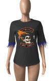 Coffee Casual Street Print Tassel Patchwork O Neck T-Shirts