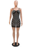 Apricot Fashion Sexy Patchwork Hot Drilling Backless Spaghetti Strap Sleeveless Dress