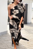 Colorful Blue Fashion Casual Print Patchwork Slit Oblique Collar Irregular Dress