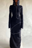 Black Casual Solid Patchwork Hooded Collar Wrapped Skirt Dresses