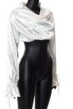 White Fashion Solid Patchwork Turndown Collar Tops