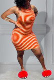 Black Fashion adult Street Red Black Orange Yellow Cyan Off The Shoulder Sleeveless O neck Step Skirt Mini Striped Print Patchwork bandage backless Dresses