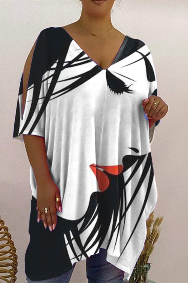 White Fashion Casual Print Hollowed Out V Neck T-Shirts