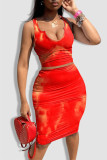 Red Fashion Sexy Print Basic U Neck Sleeveless Two Pieces