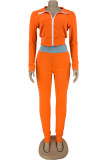 Orange Sportswear Solid Patchwork Turndown Collar Long Sleeve Two Pieces