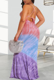 Turquoise Sexy Print Patchwork Spaghetti Strap Straight Dresses